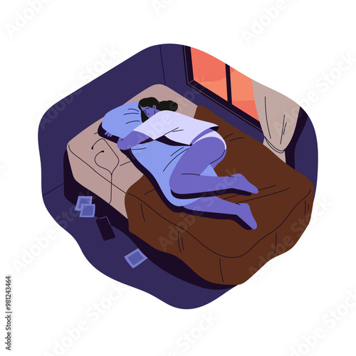 Sad lonely girl hugs pillow during rest in bed. Depressed young woman lying, sleeps alone. Asleep person is in solitude. Loneliness concept. Flat isolated vector illustration on white background