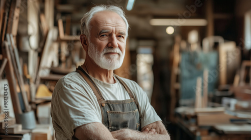 carpenter in his workshop elderly man portrait Generative AI