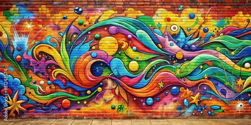 Colorful graffiti mural on brick wall with abstract shapes and splashes of paint, graffiti, mural, vibrant