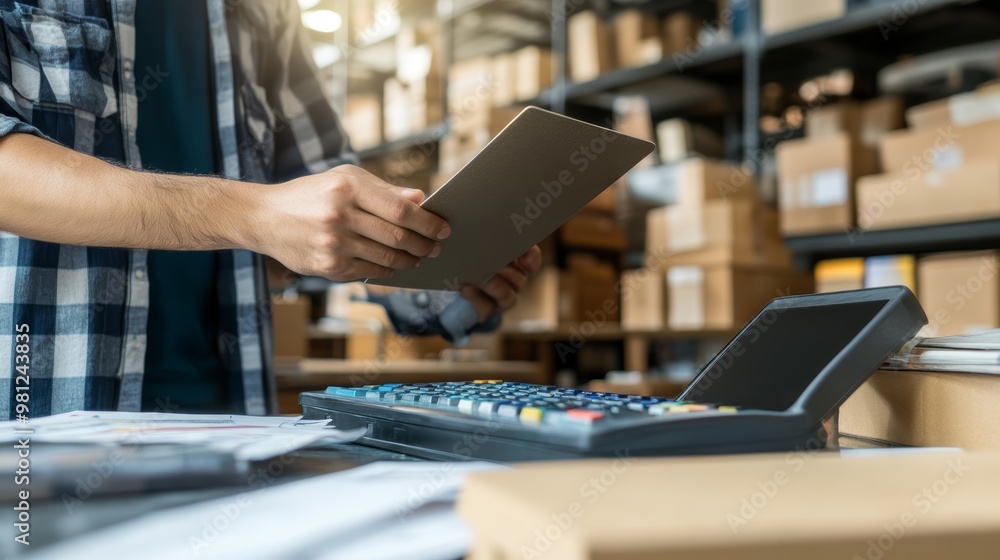 A professional managing inventory with a tablet, surrounded by boxes in a warehouse, showcasing modern logistics and organization. A professional managing inventory with a tablet, surrounded by boxes in a warehouse, showcasing modern logistics and organization.