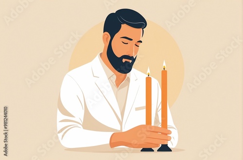 Ceremony of the lighting of the Ner Chaim candle by the husband on pastel beige background. Candle of Life. Yom Kippur, The Day of Atonement. Minimalistic design for poster with copy space.  photo