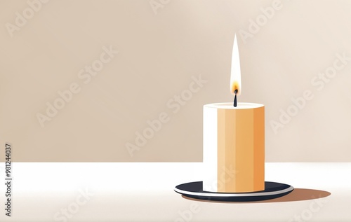 Minimalistic white burning candle on table. Minimal handmade wax candle with vanilla cotton flavor. Yom Kippur, The Day of Atonement. Candle of Life. Design for banner, template with copy space.