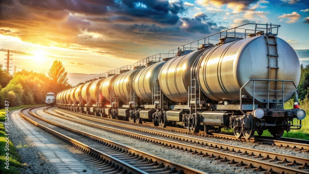 Naklejka premium Freight train transporting petroleum tank cars , transportation, freight, industry, train, cargo, petroleum, tank cars