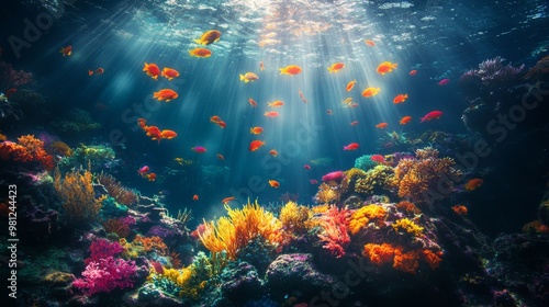 Underwater Scene with Colorful Fish and Coral Reef