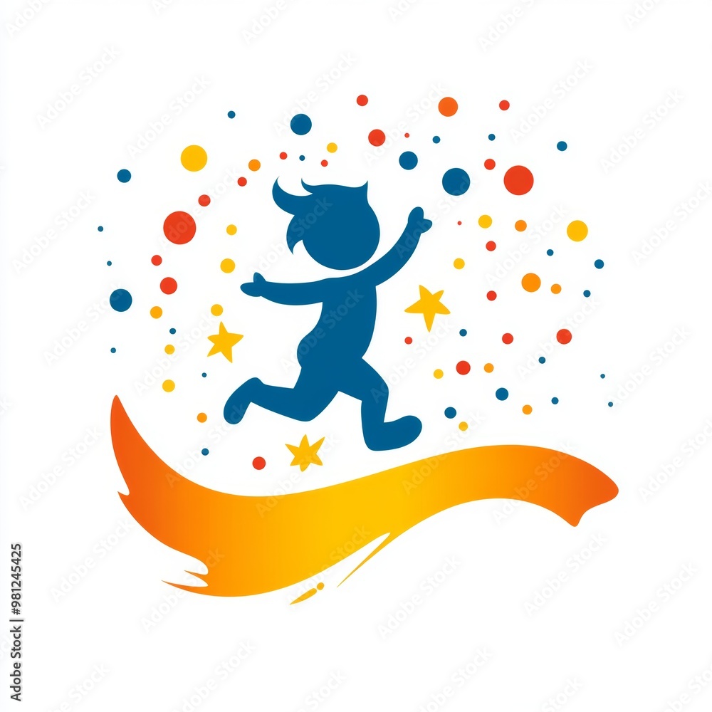Happy Kid Running with Colorful Dots and Stars Logo Design Happy Kid Running with Colorful Dots and Stars Logo Design