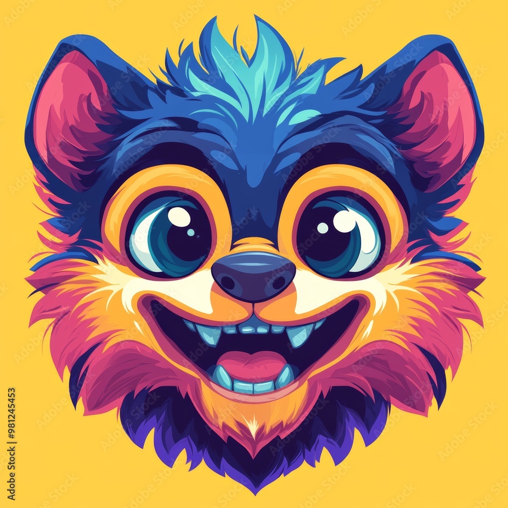 Fototapeta premium Colorful Cartoon Animal Head with Big Eyes and Open Mouth