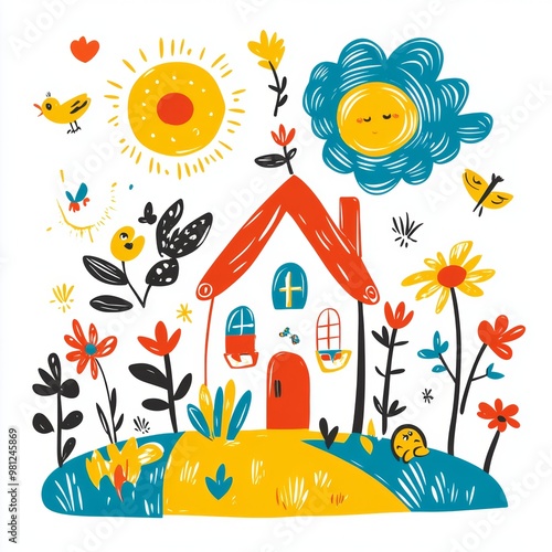 Colorful Cartoon House with Flowers  Sun  Birds  and Butterflies Illustration