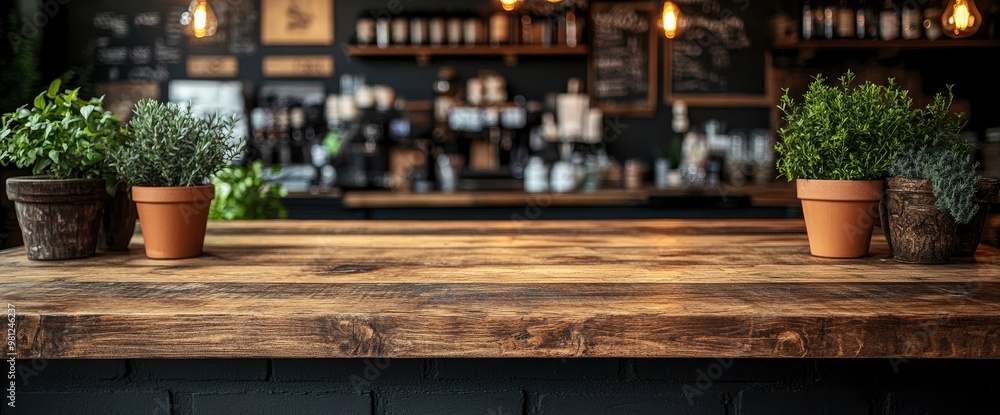 Wooden Countertop with Plants in a Cafe Setting Wooden Countertop with Plants in a Cafe Setting