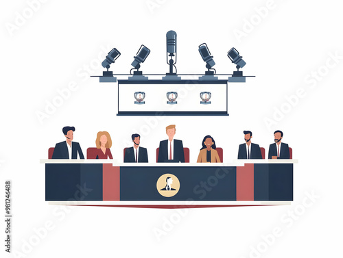 Dynamic Flat Vector Illustration of Busy Spin Room Interactions: Candidates' Surrogates and Media Capturing Rapid Exchanges and Messaging Battles in Aftermath of Debate photo