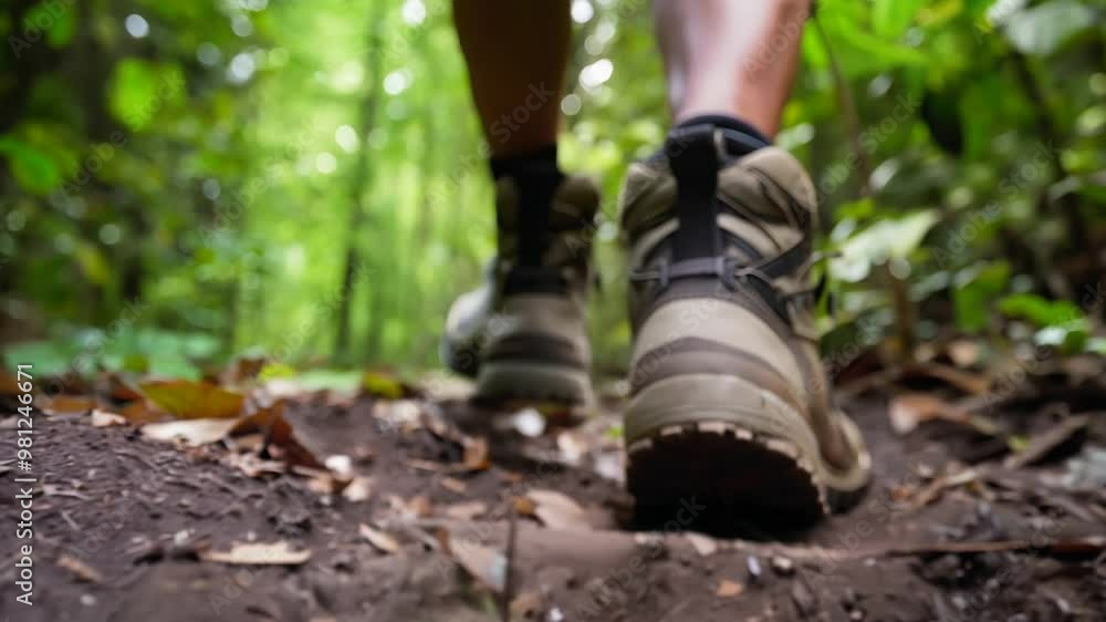 Close up shot of a runner running on a forest trail on a wet forest leaves Close up shot of a runner running on a forest trail on a wet forest leaves