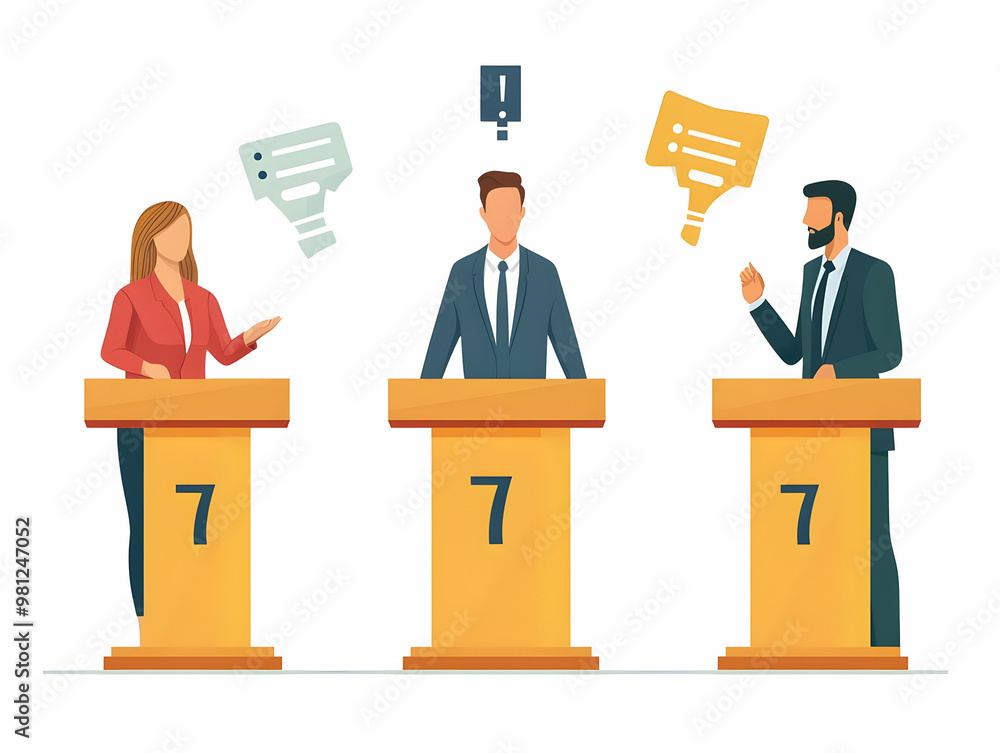 Engaging Audience Member Asks Question in Public Forum: Medium Shot Capturing Voter Interaction and Political Accountability - Flat Vector Illustration Engaging Audience Member Asks Question in Public Forum: Medium Shot Capturing Voter Interaction and Political Accountability - Flat Vector Illustration