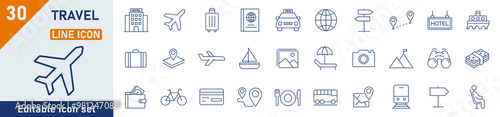 Travel line icon set. Set of 30 outline icons related to travel, hotel, holiday, tourism, beach, plane, map, agent and others. Vector illustration.