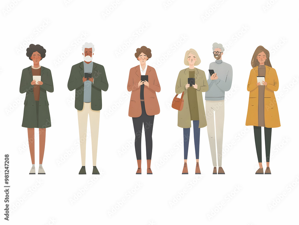 Fototapeta premium Flat Vector Illustration of Diverse Voters Using Devices to Research Candidates and Issues: Highlighting Informed Decision-Making and Digital Engagement