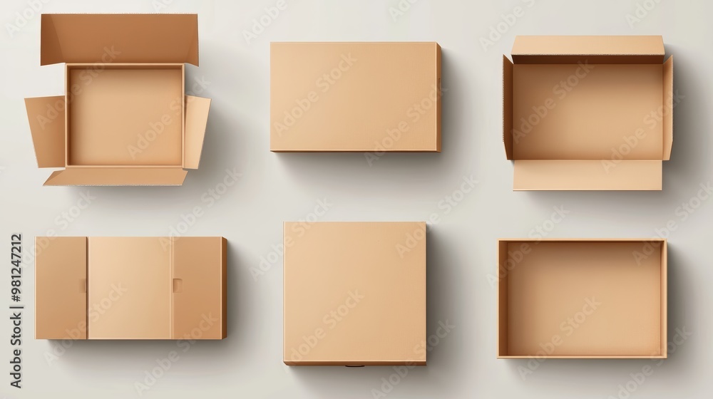 Collection of empty cardboard boxes in various shapes and sizes for packaging, shipping, and storage solutions. Collection of empty cardboard boxes in various shapes and sizes for packaging, shipping, and storage solutions.