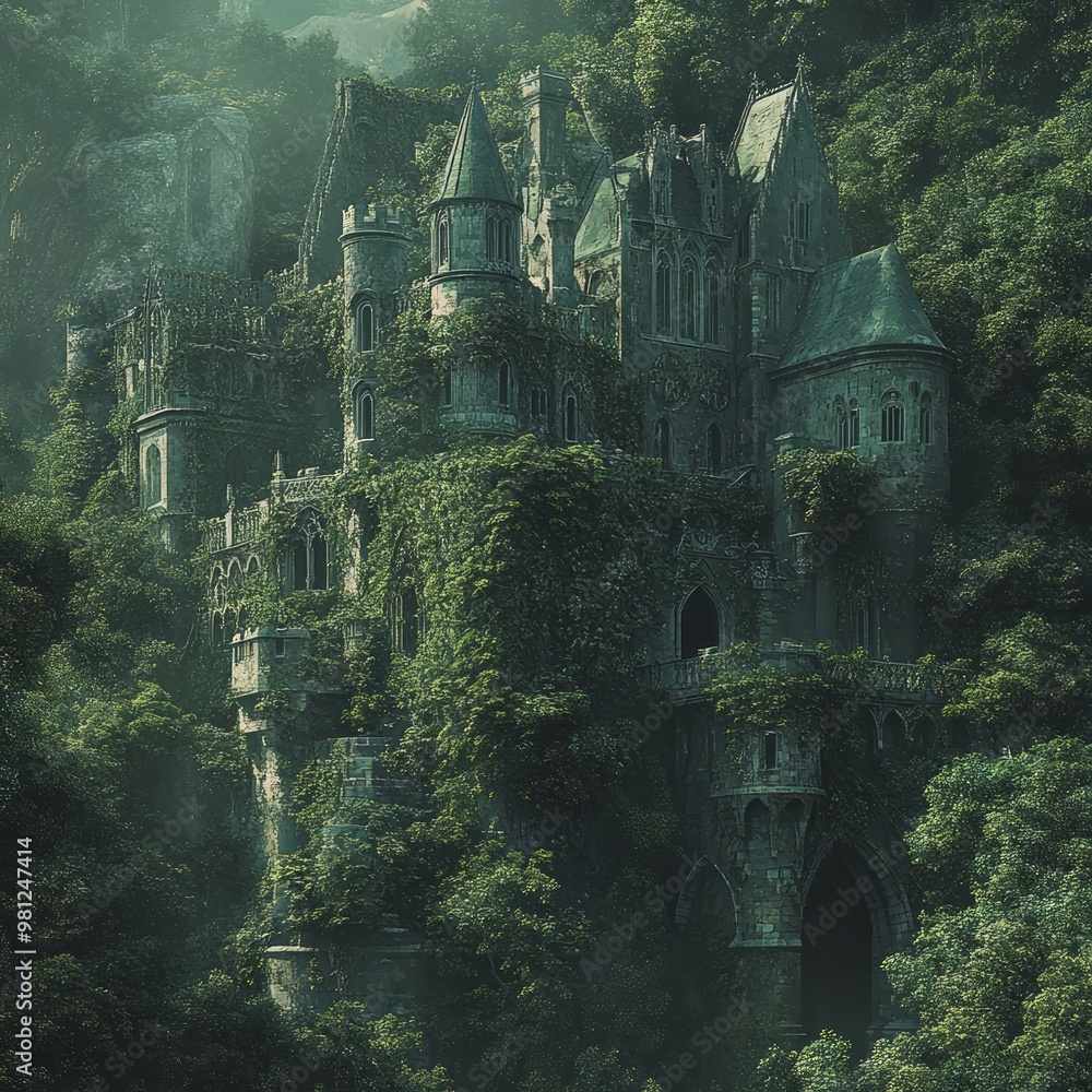 A majestic stone castle, overgrown with ivy and trees, sits nestled in a lush green forest.