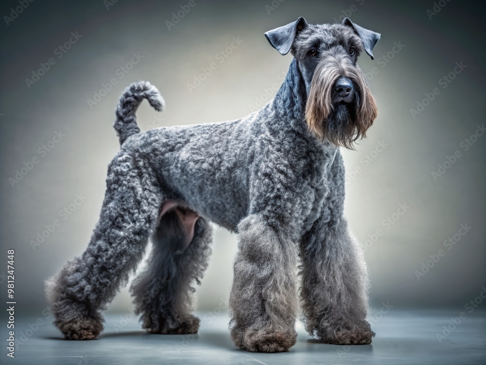Adorable Kerry Blue Terrier with distinctive blue-gray coat and endearing expression stands proudly on a studio background, showcasing its compact yet muscular build. Adorable Kerry Blue Terrier with distinctive blue-gray coat and endearing expression stands proudly on a studio background, showcasing its compact yet muscular build.