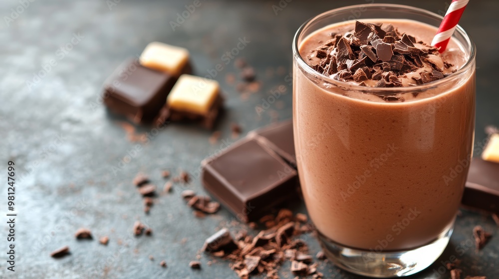 Delicious chocolate smoothie topped with grated chocolate, served in a glass with a straw, perfect for dessert lovers. Delicious chocolate smoothie topped with grated chocolate, served in a glass with a straw, perfect for dessert lovers.