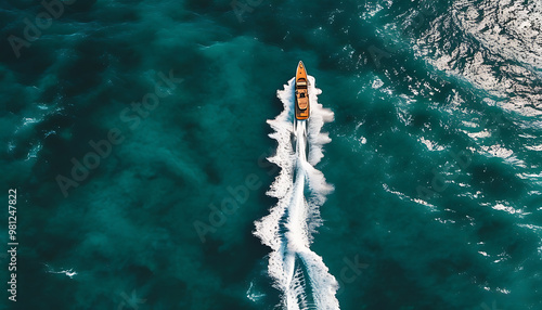 Aerial view of sea and motorboat photo