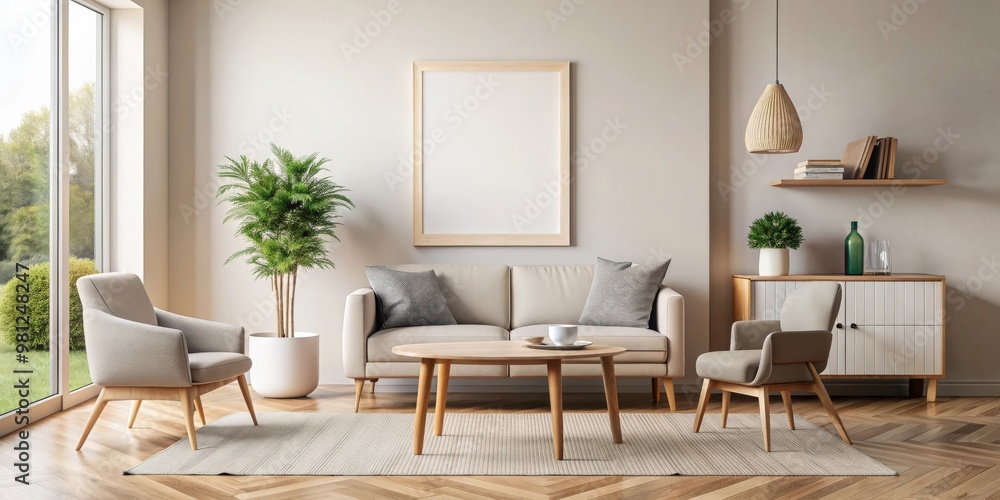 Fototapeta premium Light and cozy living room interior with armchair, dining table, and mockup frame, living room