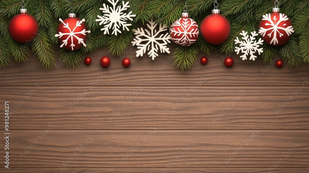 A beautifully decorated wooden tabletop features fir branches, delicate snowflakes, and vibrant red ornaments, creating a warm festive atmosphere for Christmas celebrations A beautifully decorated wooden tabletop features fir branches, delicate snowflakes, and vibrant red ornaments, creating a warm festive atmosphere for Christmas celebrations