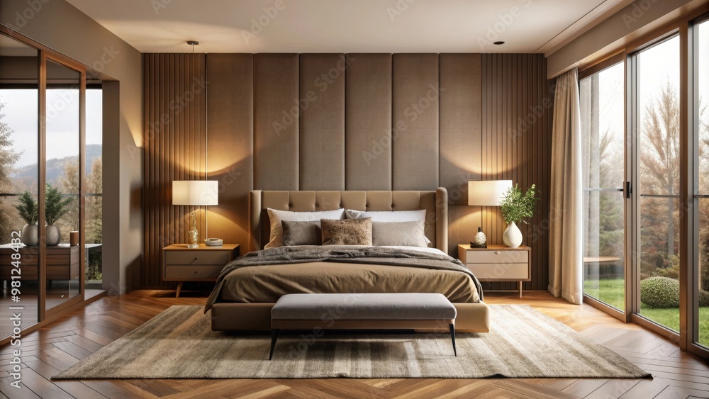 Brown home bedroom interior with a cozy bed, elegant nightstand, and a panoramic window , bedroom, interior design Brown home bedroom interior with a cozy bed, elegant nightstand, and a panoramic window , bedroom, interior design