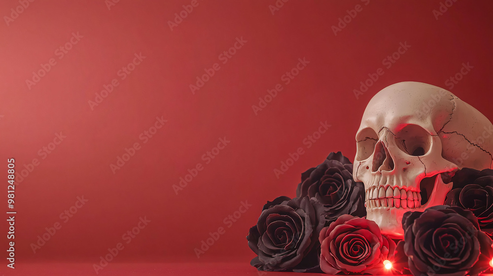 A gothic inspired scene featuring skull surrounded by dark roses against red background, evoking mysterious and dramatic atmosphere A gothic inspired scene featuring skull surrounded by dark roses against red background, evoking mysterious and dramatic atmosphere