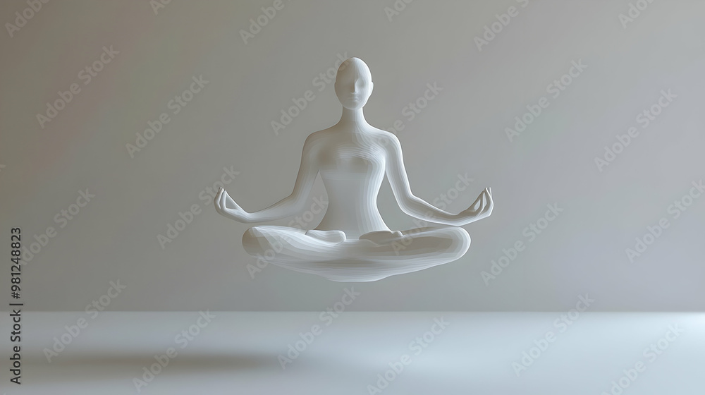 3D Floating Meditation Figure Concept: Wide Shot of White Silhouette in Lotus Position Emanating Inner Balance � Isolated on White Background