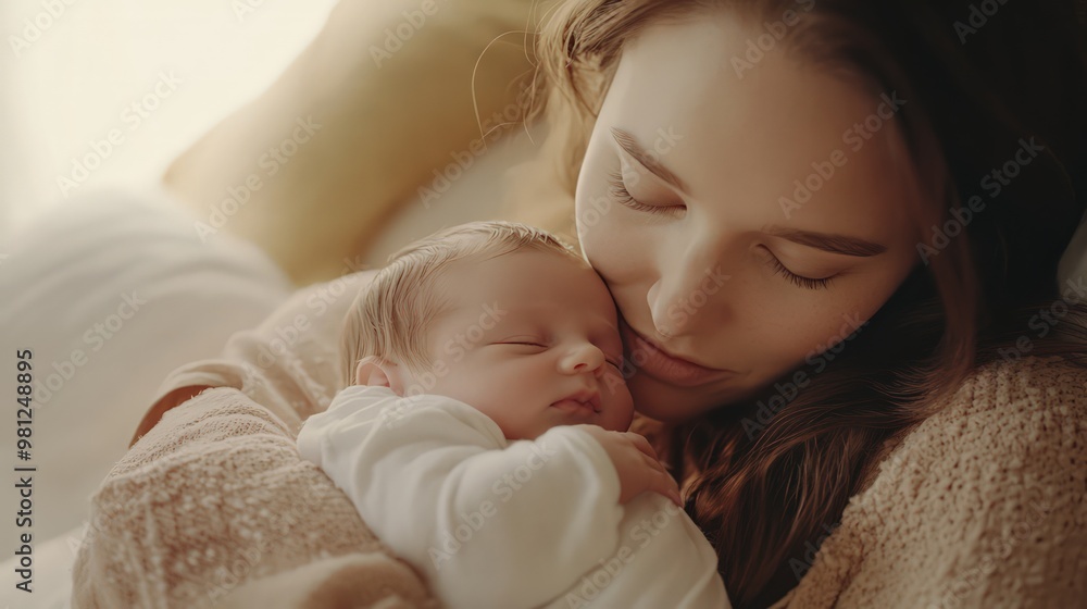 Happy Mother Cradling Her Sleeping Newborn Happy Mother Cradling Her Sleeping Newborn