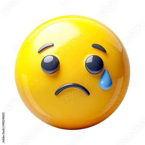 A crying yellow emoji with a frown and a single tear, showing sadness. Transparent background