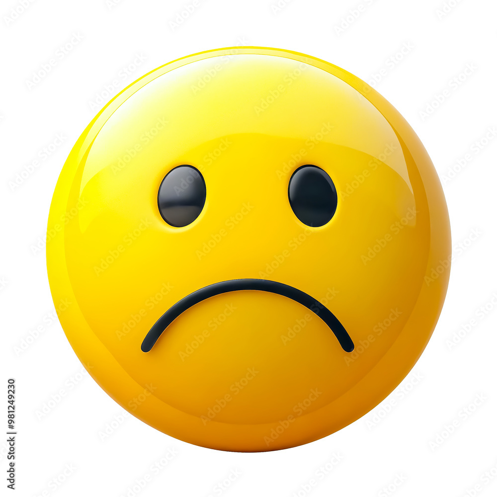 A sad yellow face with a frown and black eyes, expressing disappointment. Transparent background