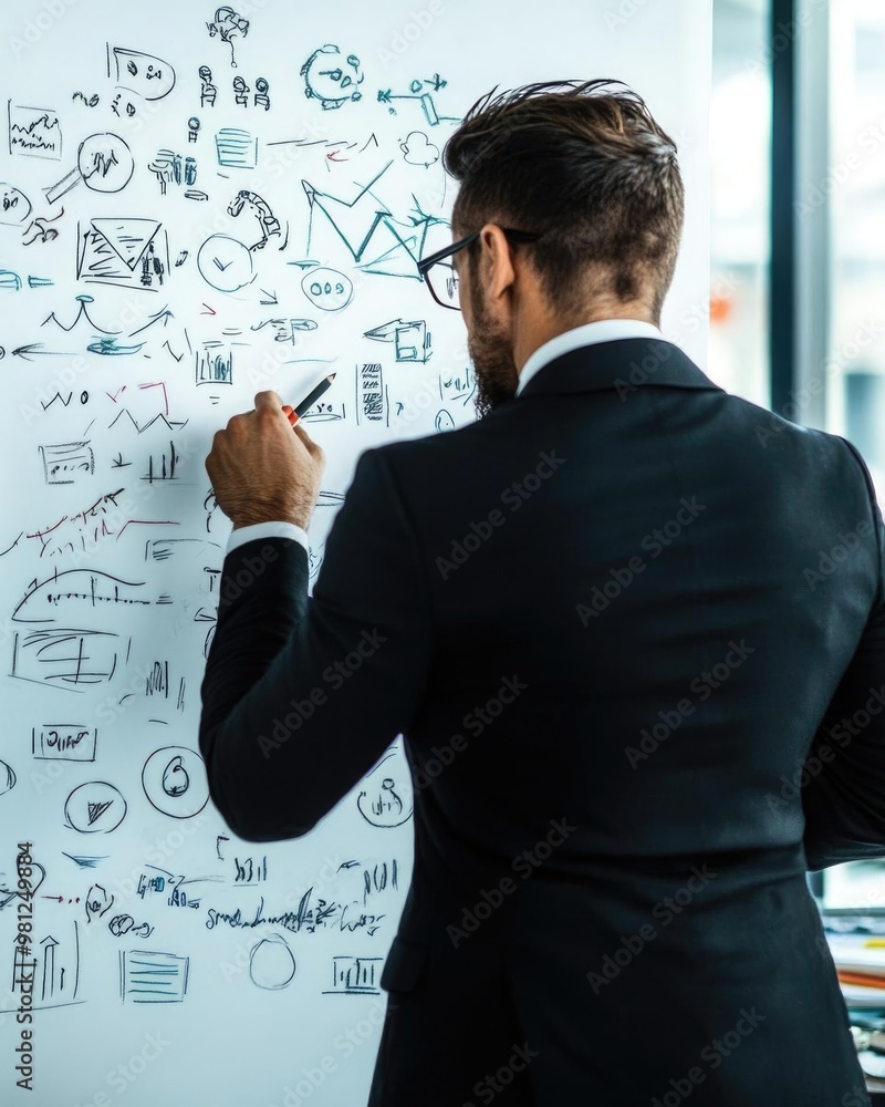 Business professional analyzing data on a whiteboard, focusing on growth strategies and analytics for better decision-making. Business professional analyzing data on a whiteboard, focusing on growth strategies and analytics for better decision-making.