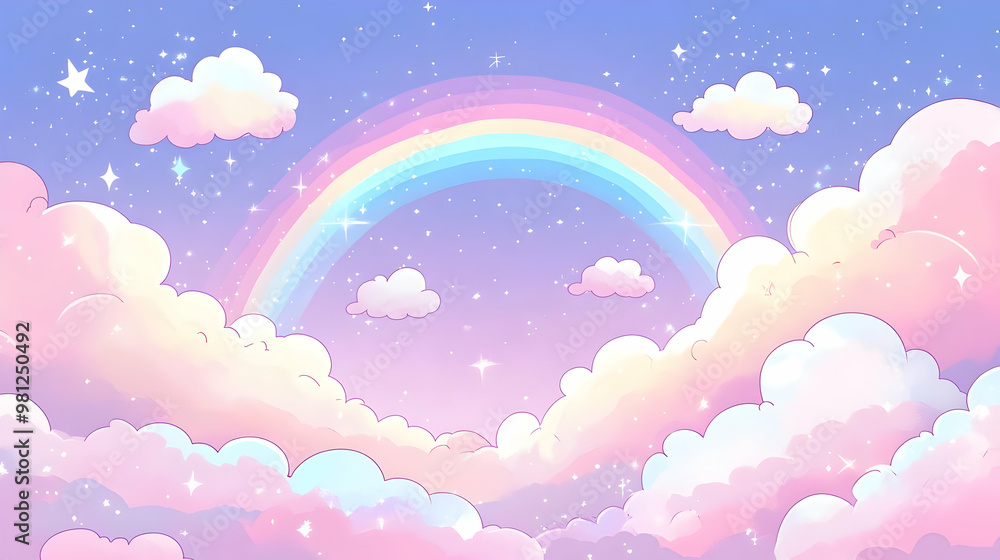 Rainbow Sky with Fluffy Clouds and Sparkling Stars Rainbow Sky with Fluffy Clouds and Sparkling Stars