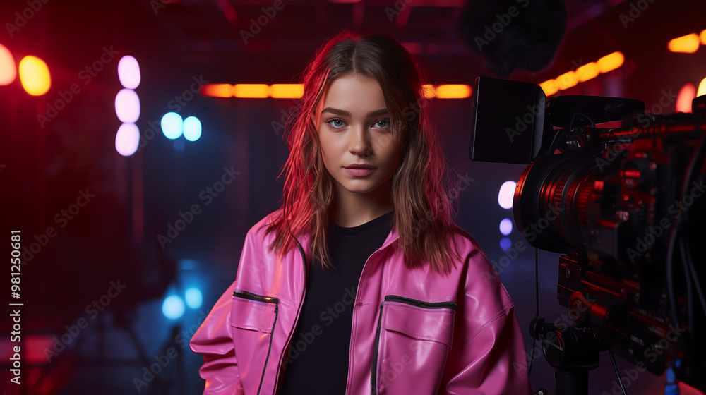 Beautiful actress in pink jacket with camera Beautiful actress in pink jacket with camera