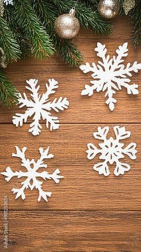 A beautifully decorated wooden tabletop features fir branches, delicate snowflakes, and vibrant red ornaments, creating a warm festive atmosphere for Christmas celebrations