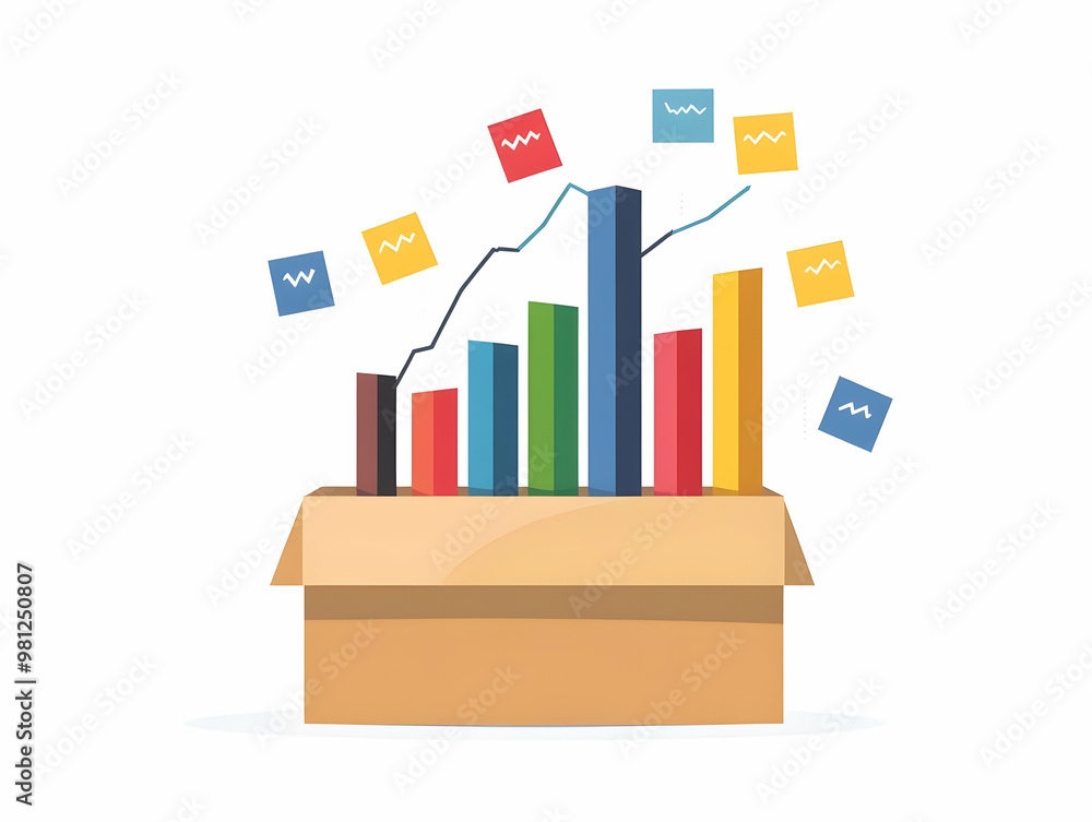 Flat Vector Illustration of a 3D Ballot Box with Rising Bar Graph Representing Increasing Voter Turnout on Isolated White Background