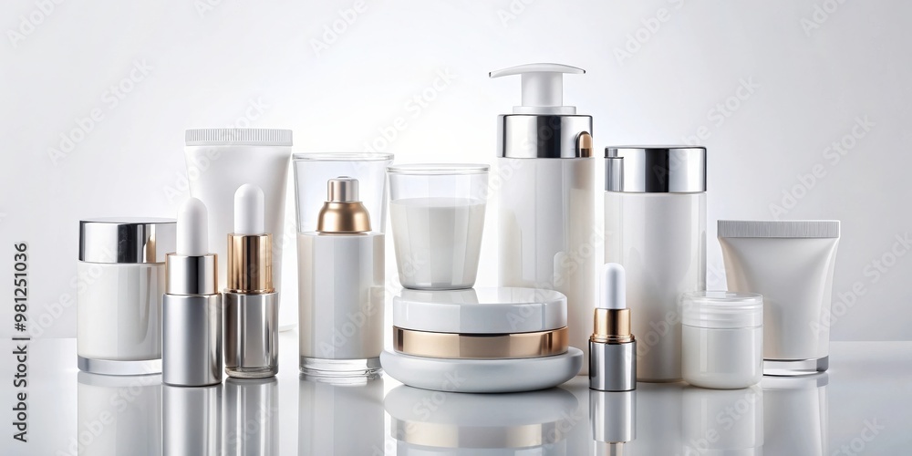 Blank cosmetic skincare makeup containers on white background, skincare, makeup, containers, blank, cosmetics, beauty, empty Blank cosmetic skincare makeup containers on white background, skincare, makeup, containers, blank, cosmetics, beauty, empty