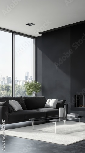 Interior Modern Luxury Living Room with Black Feature Wall, Charcoal Sofa, and Glass Coffee Table photo