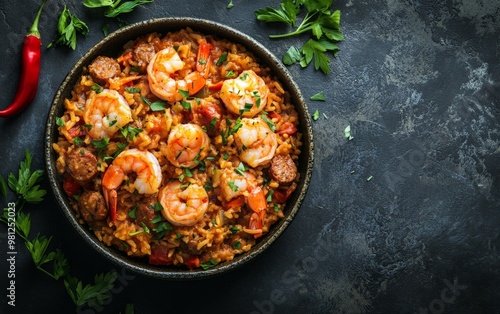 Delicious seafood paella with shrimp and sausage garnished with fresh herbs