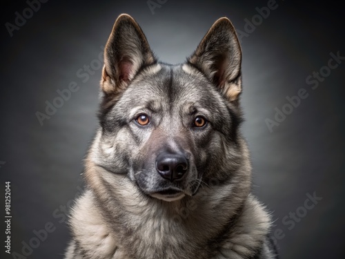 Majestic Norwegian Elkhound poses regally against a sleek grey backdrop, its thick silver-gray coat and piercing brown eyes exuding sophistication in this studio portrait.