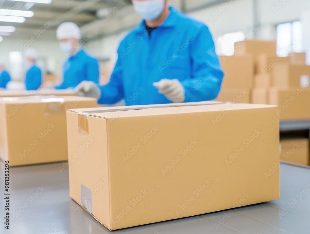 Workers in blue jackets and masks pack goods in a warehouse with ...