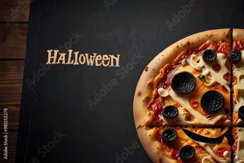 halloween pizza with a copy space clear empty black area on wooden background with place for text 