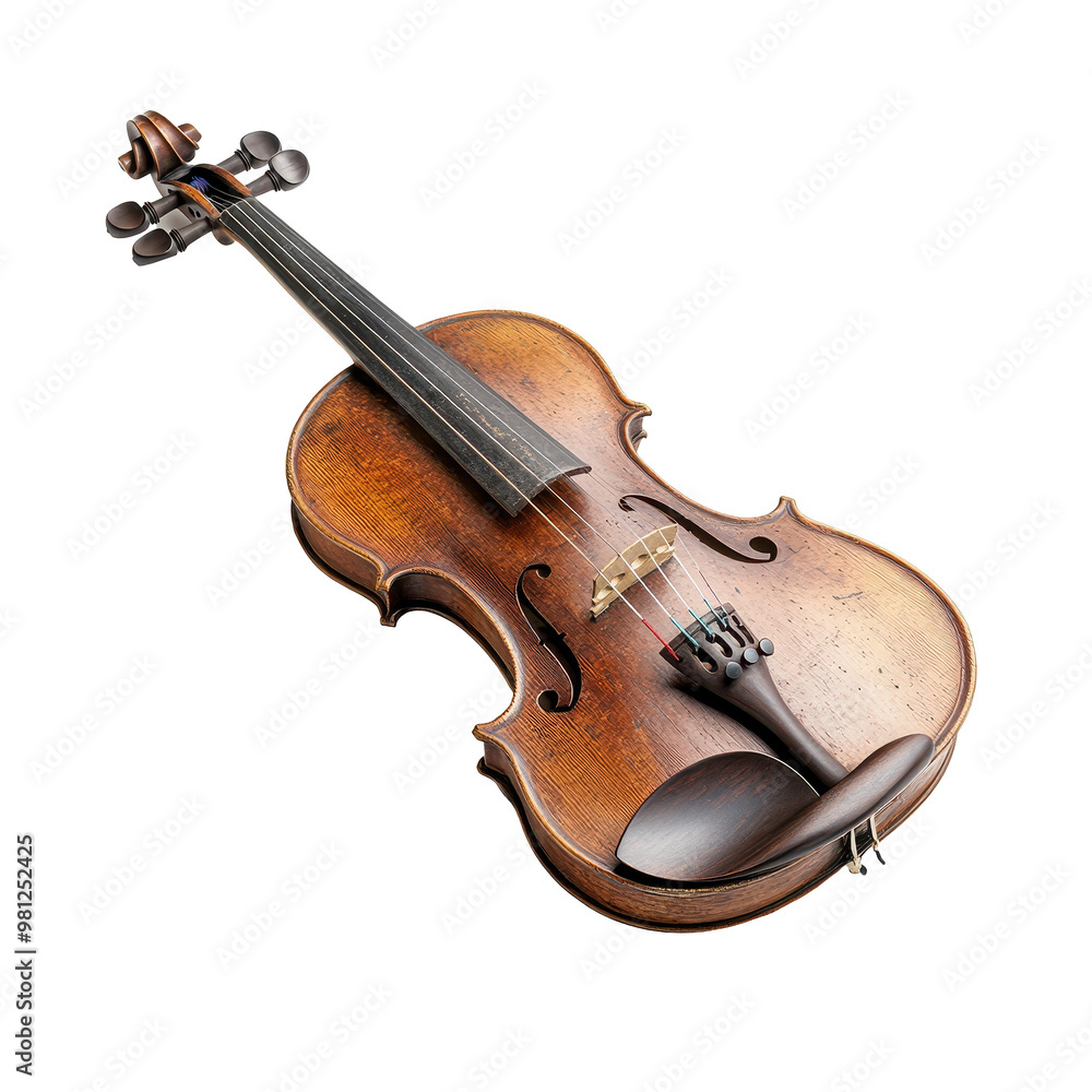 A brown violin with a black bow rests on a white background A brown violin with a black bow rests on a white background