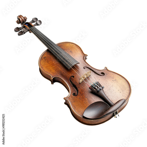 A brown violin with a black bow rests on a white background