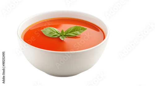 A bowl of soup with a leaf of basil on top on white background or transparent