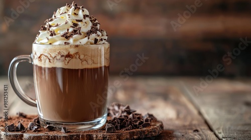 Glass of mocha coffee with whipped cream and chocolate shavings.