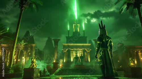 The temple with palm trees and a statue of a god, game background, Illustration photo