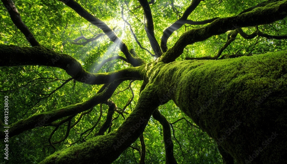 Obraz premium A forest floor carpeted with moss, with twisted branches overhead and sunlight streaming through the thick canopy of leaves, creating a calming vibe.