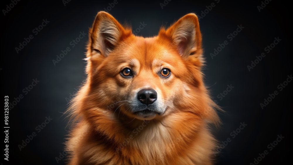 Adorable Finnish Spitz dog with fluffy orange-red fur and bright eyes poses for a close-up profile portrait against a sleek black background. Adorable Finnish Spitz dog with fluffy orange-red fur and bright eyes poses for a close-up profile portrait against a sleek black background.