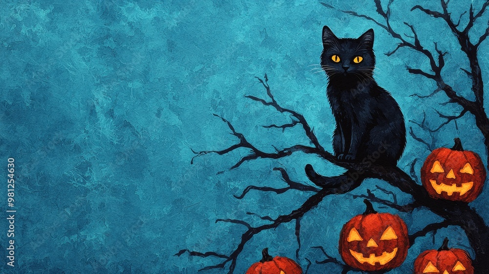 Black Cat on Tree with Halloween Pumpkins Black Cat on Tree with Halloween Pumpkins