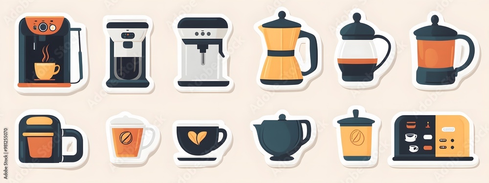Sticker vector image of a coffee maker, with various types and styles of coffee brewing equipment on a brown background. Vector illustration, in a cartoon style for stickers or label design Sticker vector image of a coffee maker, with various types and styles of coffee brewing equipment on a brown background. Vector illustration, in a cartoon style for stickers or label design